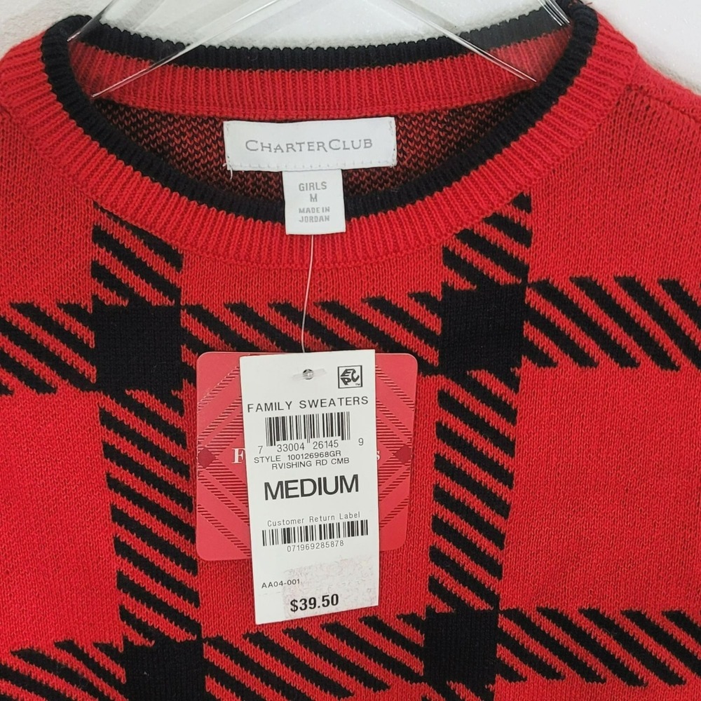 Charter Club Girls Sweater M Red Black‎ Plaid Preppy Crew Neck Winter Pullover